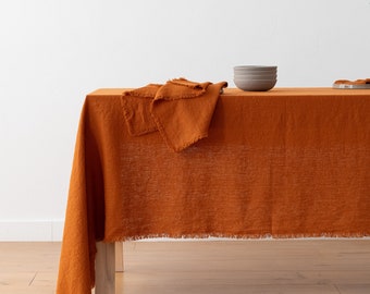 Hand made Fringed Washed Linen tablecloth and napkins in Cinnamon. Heavy weight table linen for Thanksgiving or Christmas.