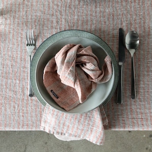 Striped Linen tablecloth in Orange Natural. Round, square, rectangular table linens from washed heavy weight linen image 7