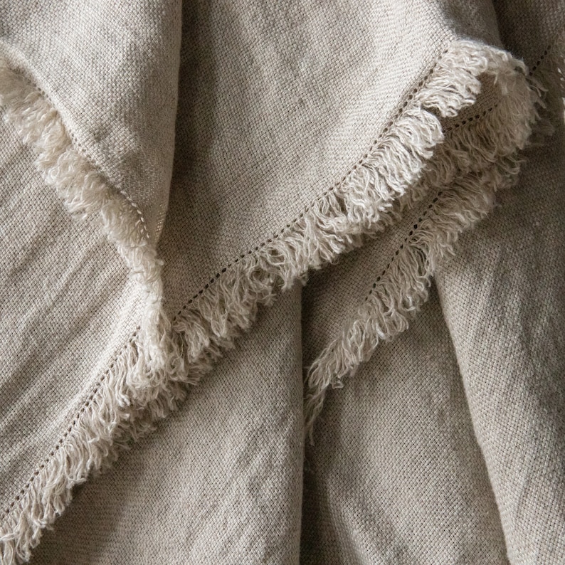 Linen Throw Blanket in Natural. Basket weave linen, fringed, European linen. Twin, Queen, King size. Any size up to 108 Linen Bed Cover. image 2