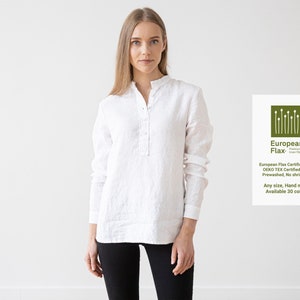 Linen Shirt White Toby *Loose-fitting shirt with half-length buttoned opening *Available in 30 colors. White linen shirt for woman