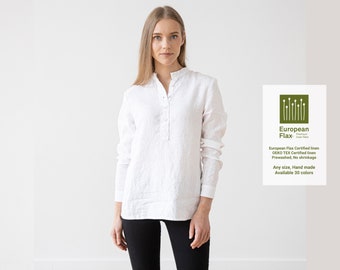 Linen Shirt White Toby *Loose-fitting shirt with half-length buttoned opening *Available in 30 colors. White linen shirt for woman