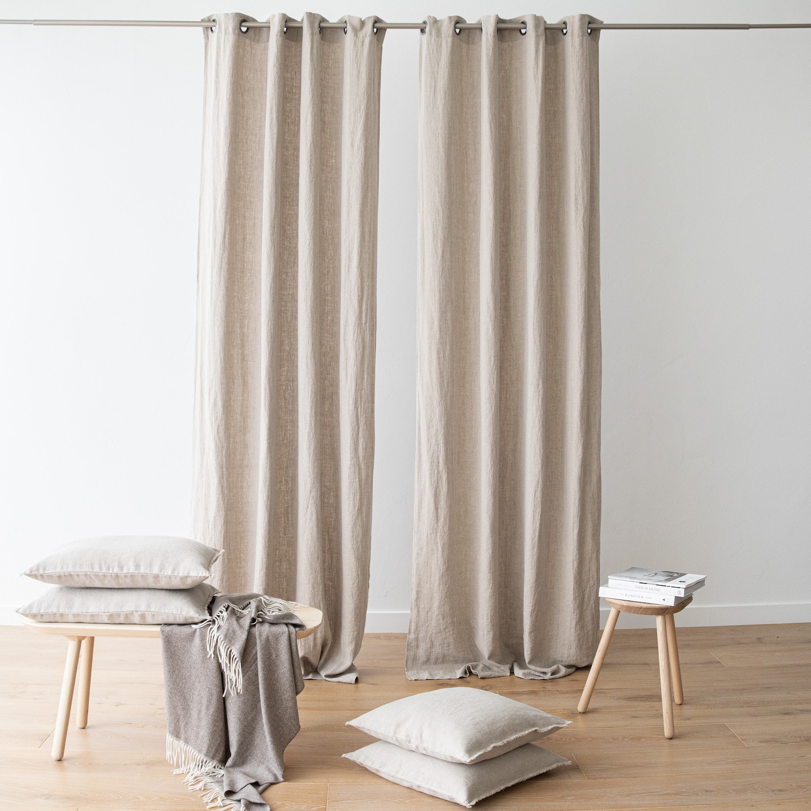 Heavy Linen Curtain Panel With Grommets in Silver, Washed Linen, Other