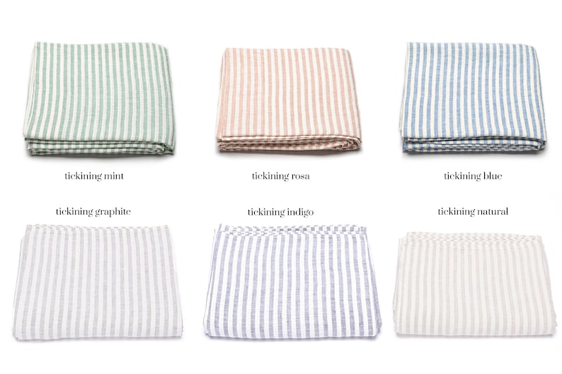 Ticking Striped Linen Flat Sheet in various colors. Queen, Twin, King washed linen bedding. Striped top linen sheet for farmhouse. image 10