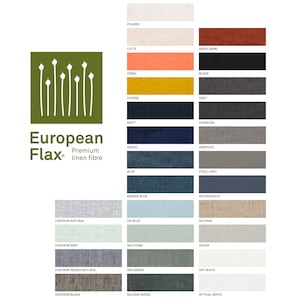May include: A color chart of European Flax linen fabric swatches. The swatches are arranged in two columns, with the names of each color printed below the swatches. The colors include: Poudre, Latte, Brick (New), Coral, Black, Citrine, Grey, Navy, Charcoal, Indigo, Graphite, Blue, Steel Grey, Marine Blue, Anthranzite, Chevron Natural, Ice Blue, Natural, Chevron Mint, Sea Foam, Silver, Chevron Indigo/Natural, Spa Green, Off White, Chevron Black, Balsam Green, and Optical White.