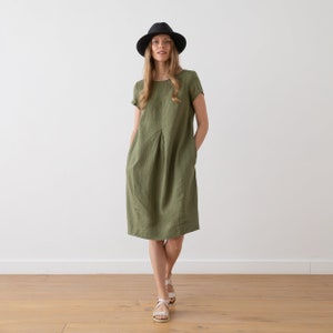 Olive Green Linen Dress with Short Sleeves and Pockets. Summer Linen Dress in Olive Green