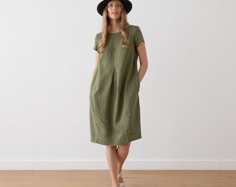 Olive Green Linen Dress with Short Sleeves and Pockets. Summer Linen Dress in Olive Green