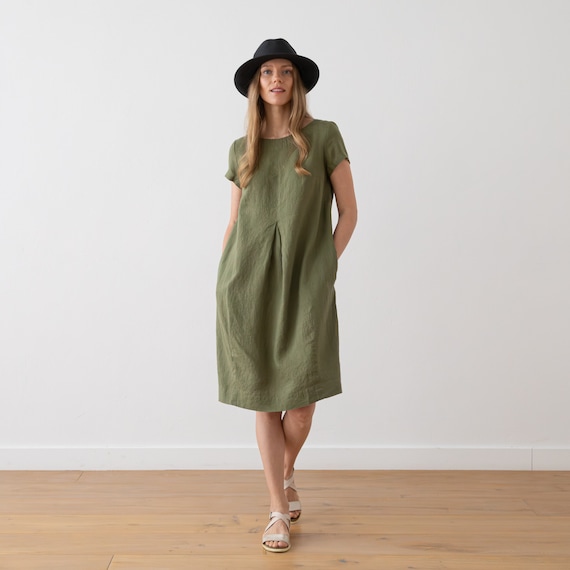 Olive Green Linen Dress With Short Sleeves and Pockets. Summer Linen Dress  in Olive Green - Etsy Norway