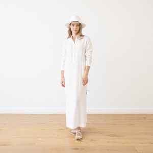 White Linen Dress Dona *Straight silhouette * Long Dress * Long Sleeve dress with Pockets