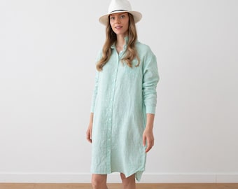 Linen Shirt Dress Striped in Emerald Green. Drop shoulder shirt dress. Washed linen clothes. Linen everyday shirt. Oversized linen shirt