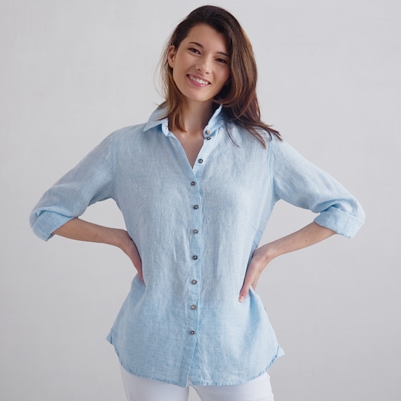 Chemise col en lin melange pour femme. Ouverture boutonnee ample sur toute la longueur. Chemise a manches longues. PRET POUR L EXPEDITION Etsy France
