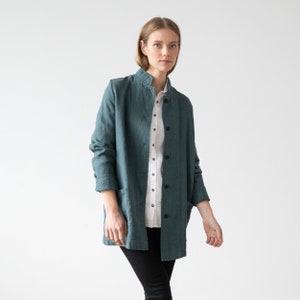 Heavy Linen Jacket in Balsam Green. Washed linen jacket for woman with pockets and buttons. European flax certified linen coat for women image 7