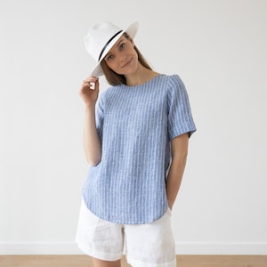 Washed Linen Stripe Blouse with Short sleeves in Various colors. Linen Clothing for woman. Loose-fitting, pleat decoration on the back.