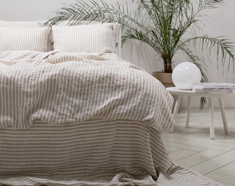 Ticking Stripe Linen Bedding Set in Natural, Graphite, Indigo. Washed Linen Duvet cover & 2 Pillow cases. King, Queen, Any size.