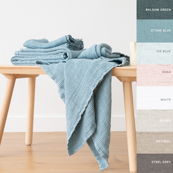 Linen Waffle Big Bath Towel Set Ice Blue - LinenMe