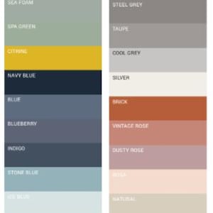 May include: A color palette chart with 18 color swatches. The colors are arranged in two columns. The left column includes colors like Balsam Green, Arctic, Moss Green, Sea Foam, Spa Green, Citrine, Navy Blue, Blue, Blueberry, Indigo, Stone Blue, Ice Blue, Olive, Antique Gold, and Cinnamon. The right column includes colors like Mocha, Grey, Steel Grey, Taupe, Cool Grey, Silver, Brick, Vintage Rose, Dusty Rose, Rosa, Natural, Off White, and Optical White.