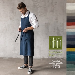 Men's Linen Bib Apron in Navy, Indigo blue and other 30 colors. Mens Japanese linen apron. Barista linen apron. Washable apron