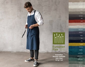 Linnen bibschort voor heren in marineblauw, indigoblauw en andere 30 kleuren. Japans linnen herenschort. Linnen barista-schort. Wasbaar schort