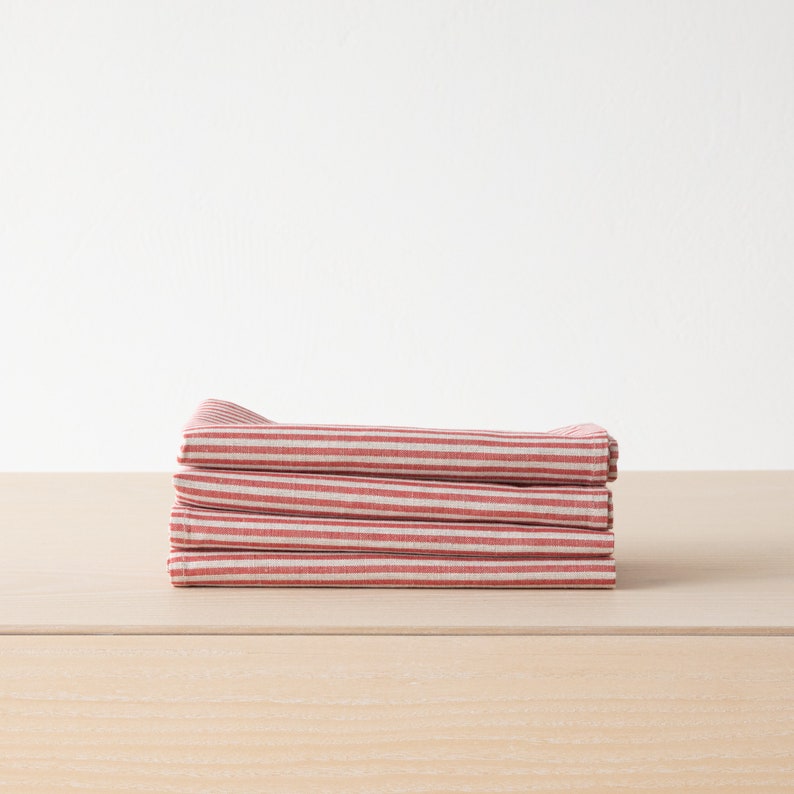 Striped Linen Cotton Mix Napkins for Christmas Table, Red Striped Linen Napkins. Medium weight Napkin any Quantity. Large size Napkins. image 1