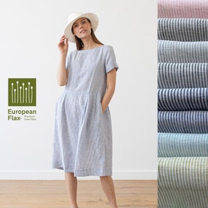 Loose Dress with Short Sleeves and Pockets in Striped Linen. Washed and soft linen dress. Summer Linen Dress. Available in 8 Colors. image 1