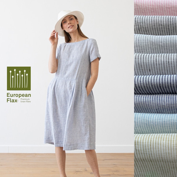 Loose Dress with Short Sleeves and Pockets in Striped Linen. Washed and soft linen dress. Summer Linen Dress. Available in 8 Colors.