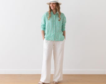 Long Sleeve Linen Shirt Striped in various colors. Loose-fitting linen shirt for woman with buttoned opening. Light weight linen shirt.