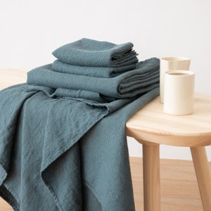 Linen Waffle Towels in Balsam Green: Towel Set, Bath Towel, body linen towels, hand towels, wash cloth. European flax linen, Super Absorbent