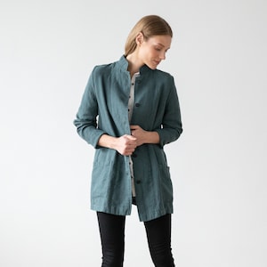 Heavy Linen Jacket in Balsam Green. Washed linen jacket for woman with pockets and buttons. European flax certified linen coat for women image 3