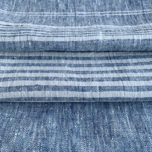 Heavy Weight Striped Linen fabric by the yard or meter in Dark Blue. 260 gr/m2, 150cm width. Linen fabric for decor pillows, curtain