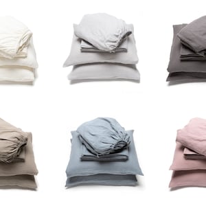Ensemble de draps en lin lavé en 6 couleurs. Drap housse, drap plat, 2 taies d'oreiller. Literie King, Queen, Full, Twin Linen.
