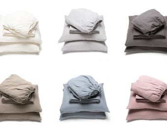 Washed Linen Sheet Set in 6 colours. Fitted Sheet, Flat Sheet, 2 Pillow Cases. King, Queen, Full, Twin Linen Bedding.