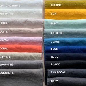 May include: A color chart of fabric swatches in various shades of white, yellow, blue, gray, and red. The swatches are labeled with names like "Optical White", "Citrine", "Sun", "Mint", "Ice Blue", "Jeans", "Blue", "Navy", "Black", "Charcoal", "Grey", "Latte", "Lilac2", "Coral", "Natural", "Graphite", "Concrete", "Off White", and "Poudre".