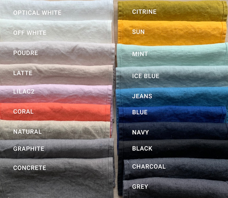 May include: A color chart of fabric swatches in various shades of white, yellow, blue, gray, and red. The swatches are labeled with names like "Optical White", "Citrine", "Sun", "Mint", "Ice Blue", "Jeans", "Blue", "Navy", "Black", "Charcoal", "Grey", "Latte", "Lilac2", "Coral", "Natural", "Graphite", "Concrete", "Off White", and "Poudre".