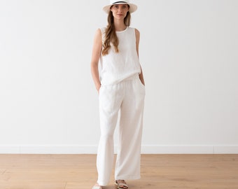 Loose fit White linen pants Ruth with elastic waistband. Washed women linen trousers. Wide-legged linen pants available in 50 colors