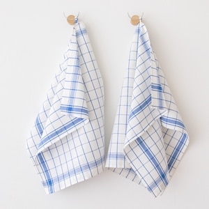 Set of 2 Linen Dish, Tea, Kitchen Towels Blue White Check. Linen cotton mix kitchen towel. Country style dish towels. Large size 63x89cm image 1
