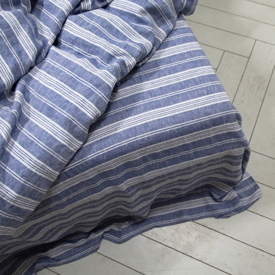 Striped Linen Flat Top Sheet Indigo Natural Graphite. Etsy