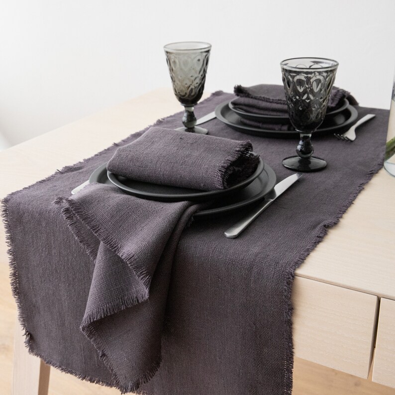 Rustic Linen Table Runner in Grey, Hand Made with fringes, Heavy Washed linen, Any Length, Christmas Table Linen image 2