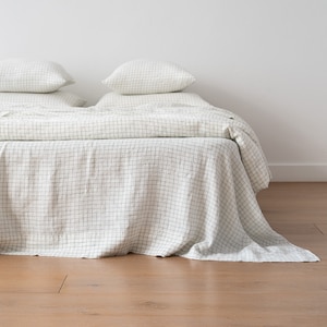 Washed Linen Flat Sheet in Arctic White Check. King, Queen, Twin, Custom size bed linen sheets. 100% European Linen