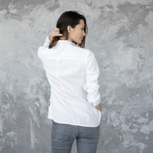 White Linen Collar Shirt for Woman. Loose-fitting shirt with full-length buttoned opening. Long sleeve shirt. image 4