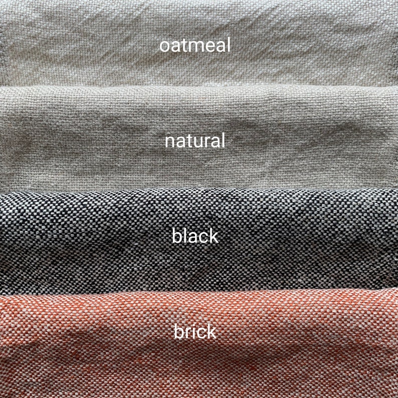 May include: Four fabric swatches in different colors: oatmeal, natural, black, and brick.