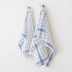 Set of 2 Linen Dish, Tea, Kitchen Towels Blue White Check. Linen cotton mix kitchen towel. Country style dish towels. Large size 63x89cm image 2