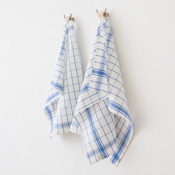 Set of 2 Linen Dish, Tea, Kitchen Towels Blue White Check. Linen Cotton Mix Kitchen  Towel. Country Style Dish Towels. Large Size 63x89cm 