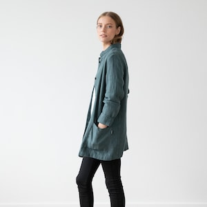 Heavy Linen Jacket in Balsam Green. Washed linen jacket for woman with pockets and buttons. European flax certified linen coat for women image 6