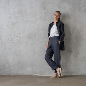 Loose linen pants Emma with elastic waistband Dark Grey. Washed women linen trousers. Slightly tapered linen pants available in 25 colors