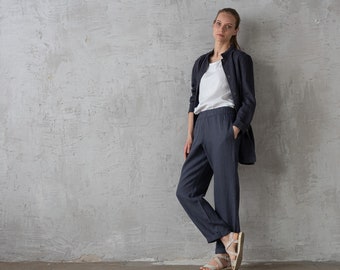 Loose linen pants Emma with elastic waistband Dark Grey. Washed women linen trousers. Slightly tapered linen pants available in 25 colors