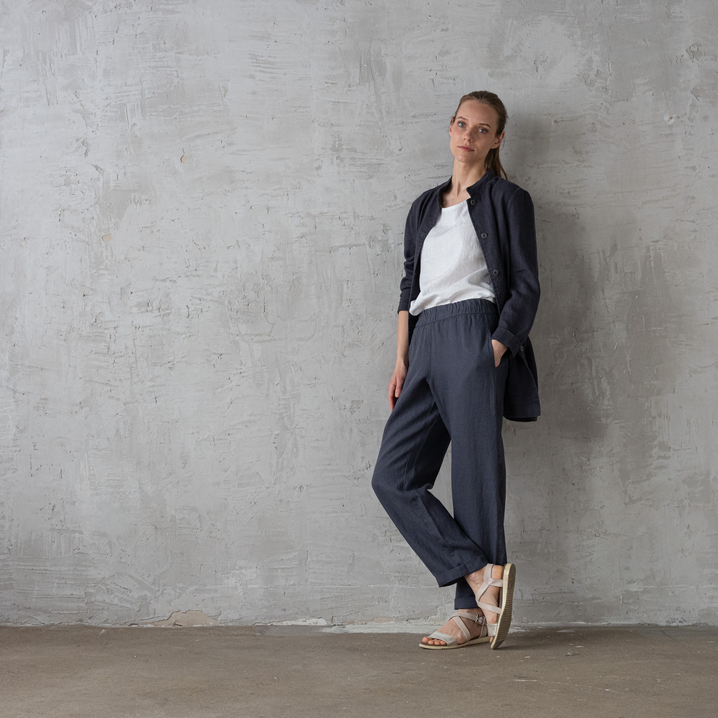 Loose Linen Pants Emma With Elastic Waistband Dark Grey