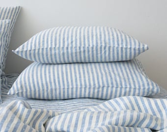 Ticking Striped Linen Pillow Case in Blue White. Standard, Euro, King. Any size pillow case made from washed linen. Housewarming gift