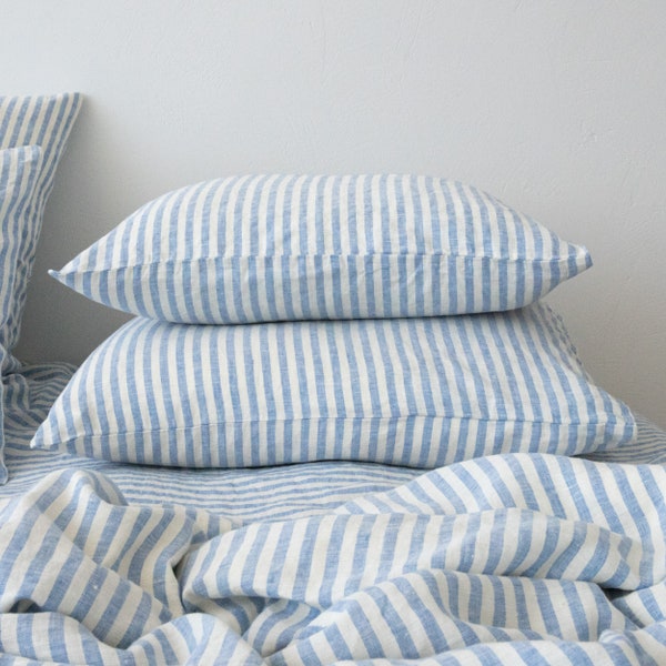 Ticking Striped Linen Pillow Case in Blue White. Standard, Euro, King. Any size pillow case made from washed linen. Housewarming gift