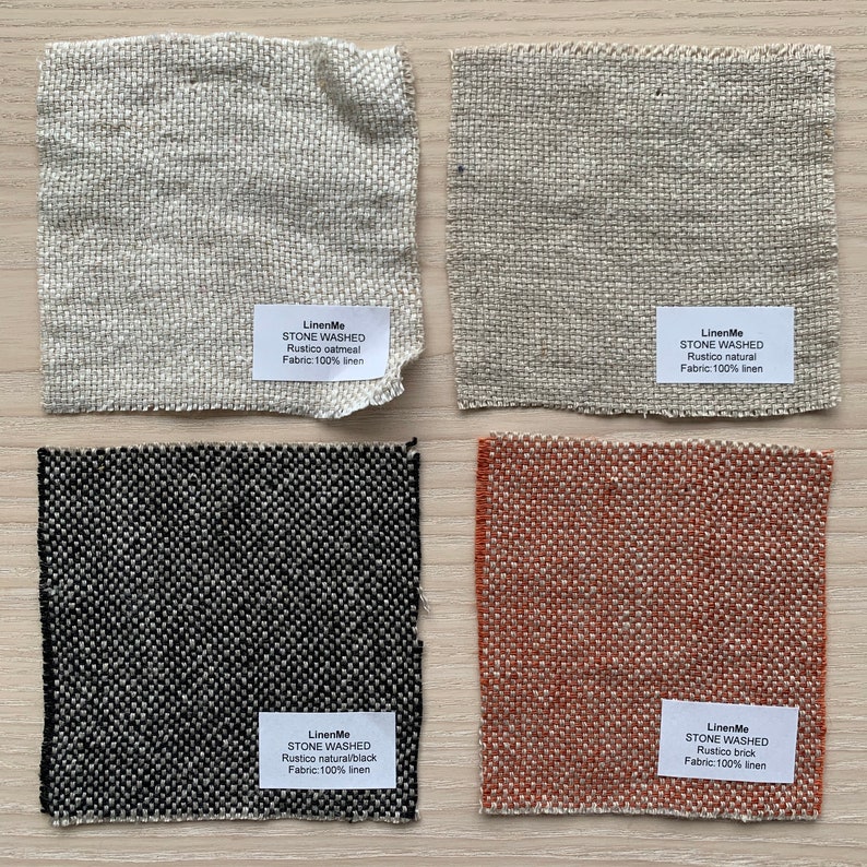 May include: Four fabric swatches in different colors and textures. The swatches are labeled with the brand name "LinenMe" and the text "Stone Washed". The colors are oatmeal, natural, black, and brick.