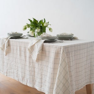 Window Pane washed Linen tablecloth in Arctic White. Any width up to 100" width, any length, no seams. Round, square, rectangular.