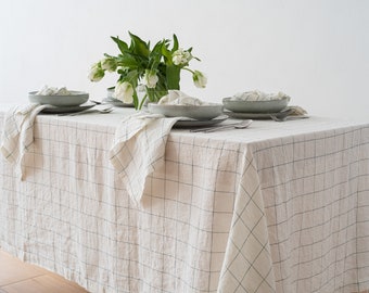 Window Pane washed Linen tablecloth in Arctic White. Any width up to 100" width, any length, no seams. Round, square, rectangular.